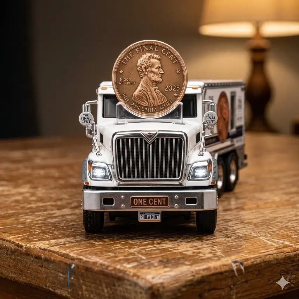 Close-up of Final Cent Armored Coin Truck with one cent coin on top