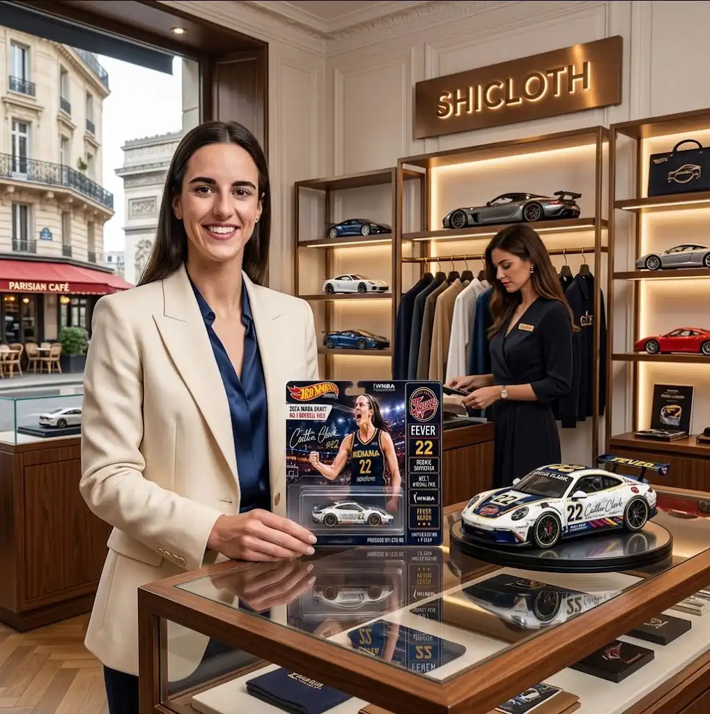 A woman holding a Caitlin Clark collectible toy car inside a luxury retail shop.