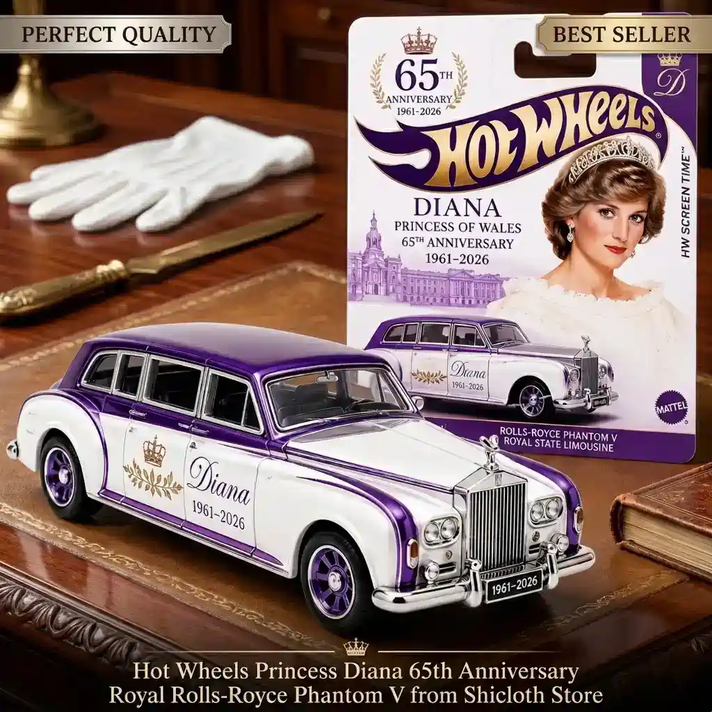Hot Wheels model car of Princess Diana 65th Anniversary Rolls-Royce Phantom V on wooden desk