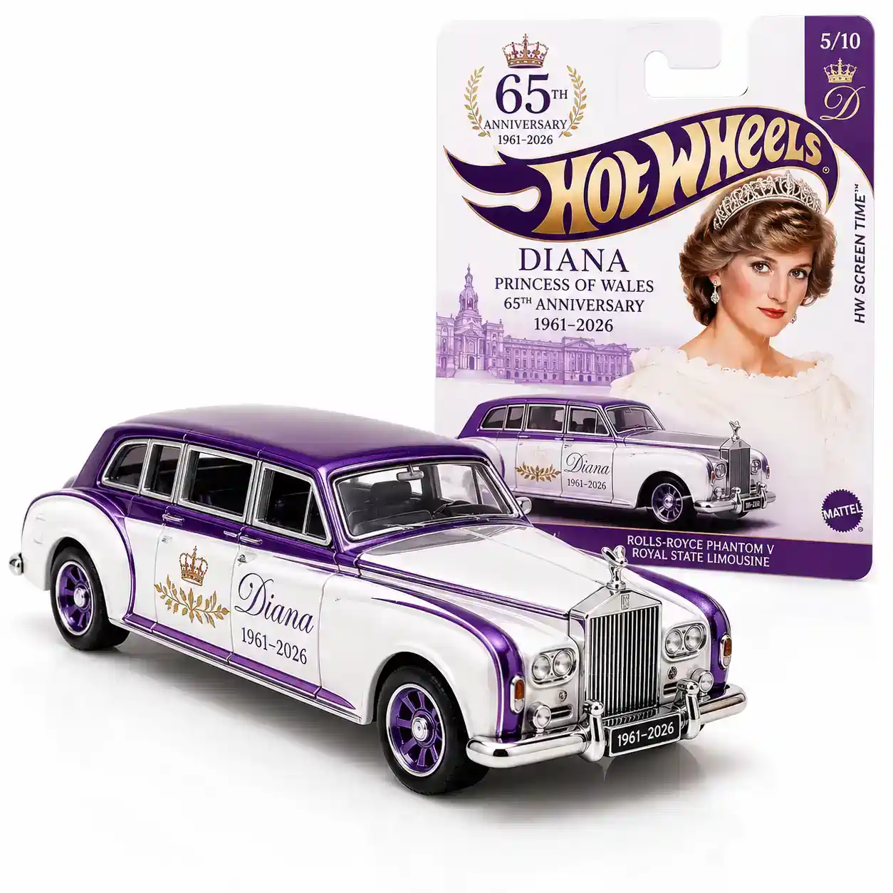 Hot Wheels Princess Diana 65th Anniversary Rolls-Royce Phantom V on white background