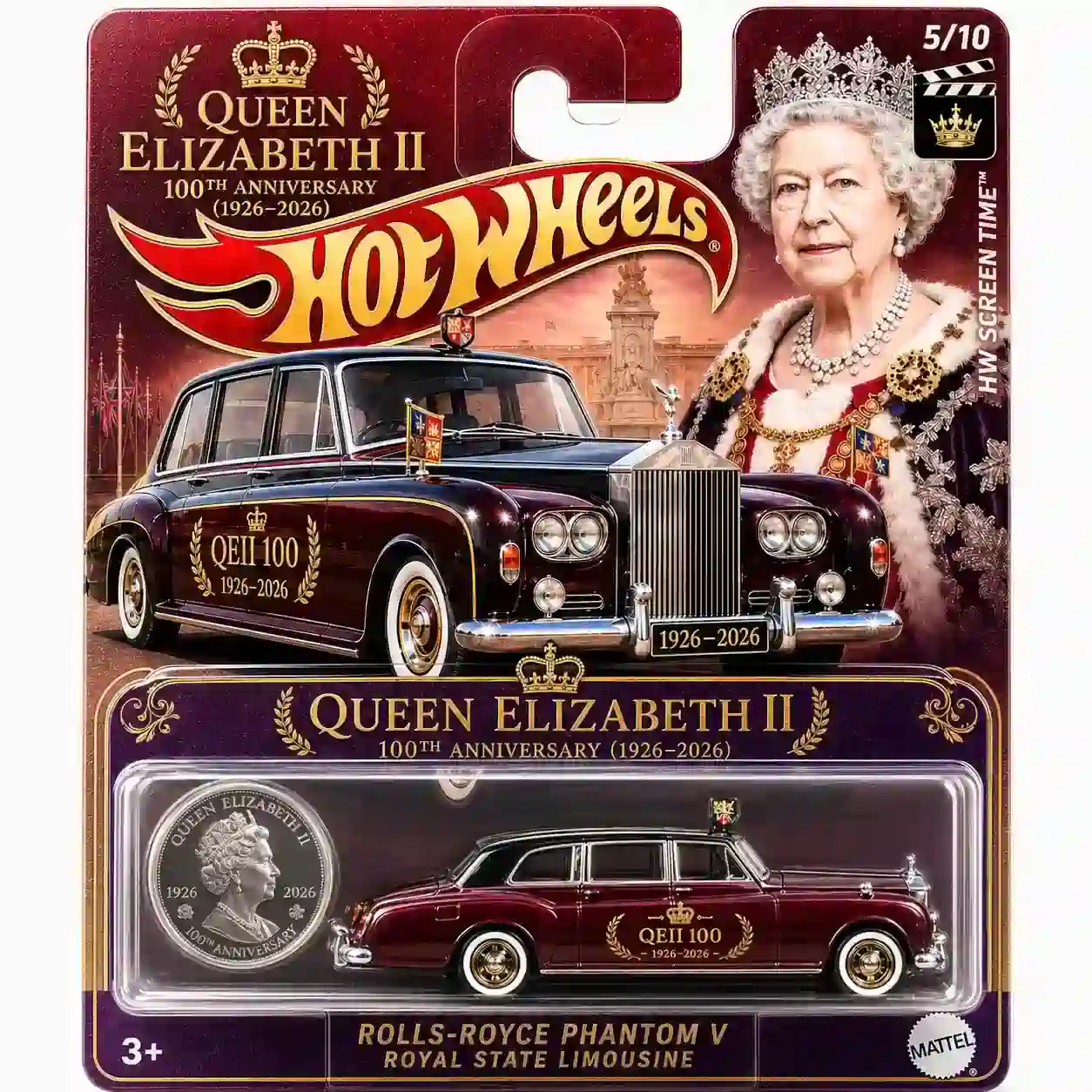 Close up of Hot Wheels Queen Elizabeth II 100th Anniversary toy car and coin in packaging