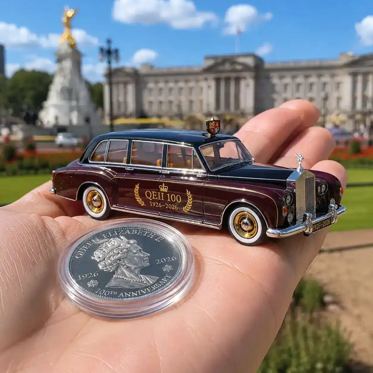 Hot Wheels Queen Elizabeth II 100th Anniversary 3 Hand holding Hot Wheels Queen Elizabeth II 100th Anniversary car and coin outdoors