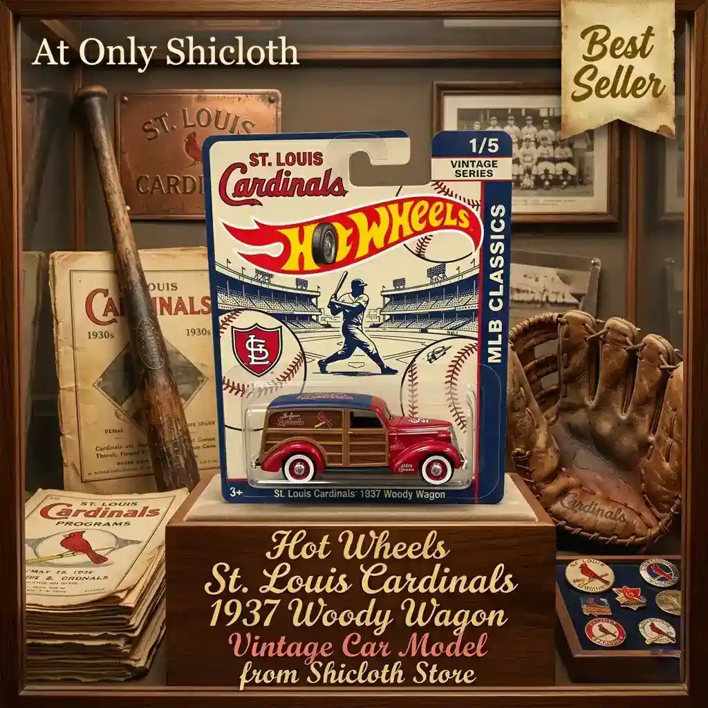 Hot Wheels St. Louis Cardinals 1937 Woody Wagon toy in packaging with vintage baseball memorabilia.