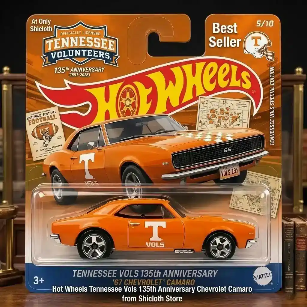 Hot Wheels Tennessee Vols 135th Anniversary Chevrolet Camaro in packaging showing car and background graphics.