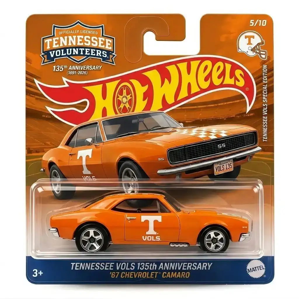 Hot Wheels Tennessee Vols 135th Anniversary Chevrolet Camaro in official packaging with clear background.