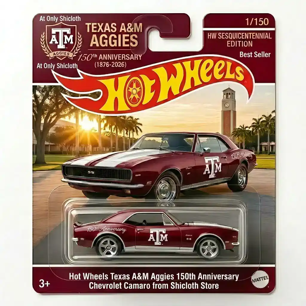 Hot Wheels Texas A M Aggies 150th Anniversary Chevrolet Camaro in packaging from Shicloth store