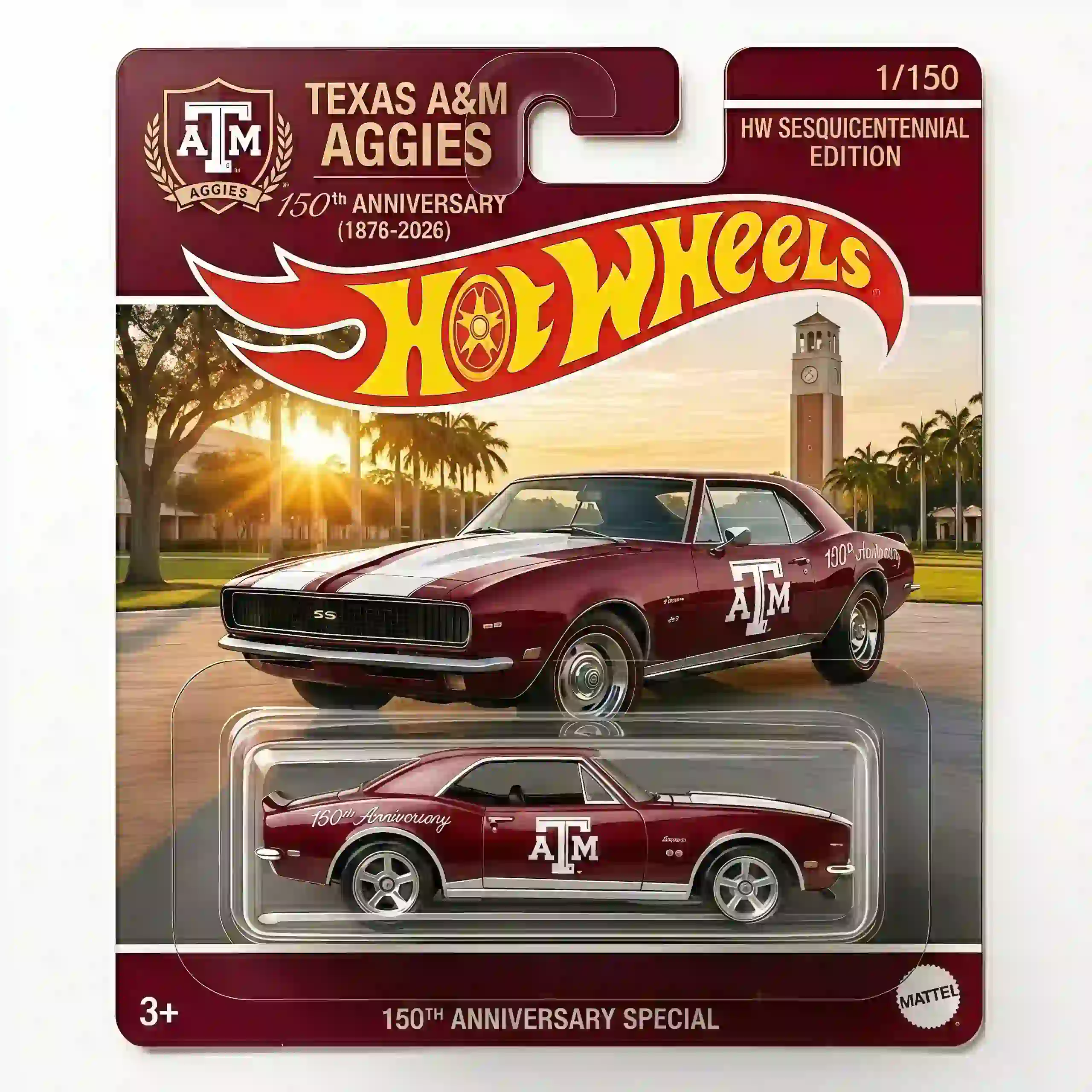 Close-up of Hot Wheels Texas A M Aggies 150th Anniversary Chevrolet Camaro in packaging showing details