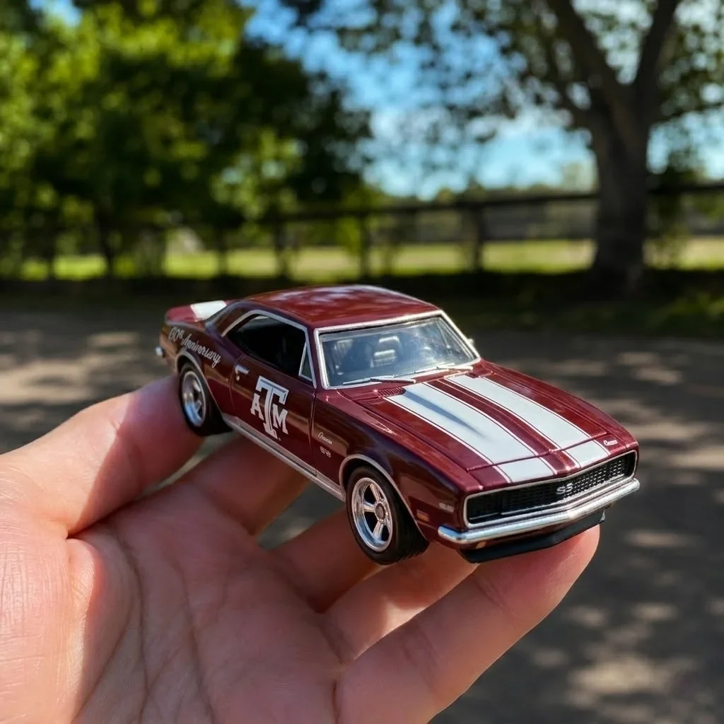 Hot Wheels Texas A&M Aggies 150th Anniversary Chevrolet Camaro 3 Hand holding Hot Wheels Texas A M Aggies 150th Anniversary Chevrolet Camaro collectible car