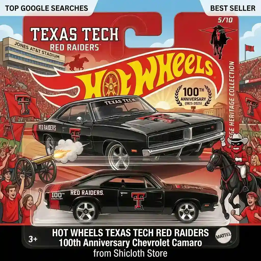 Black Hot Wheels Chevrolet Camaro with Texas Tech Red Raiders branding in packaging