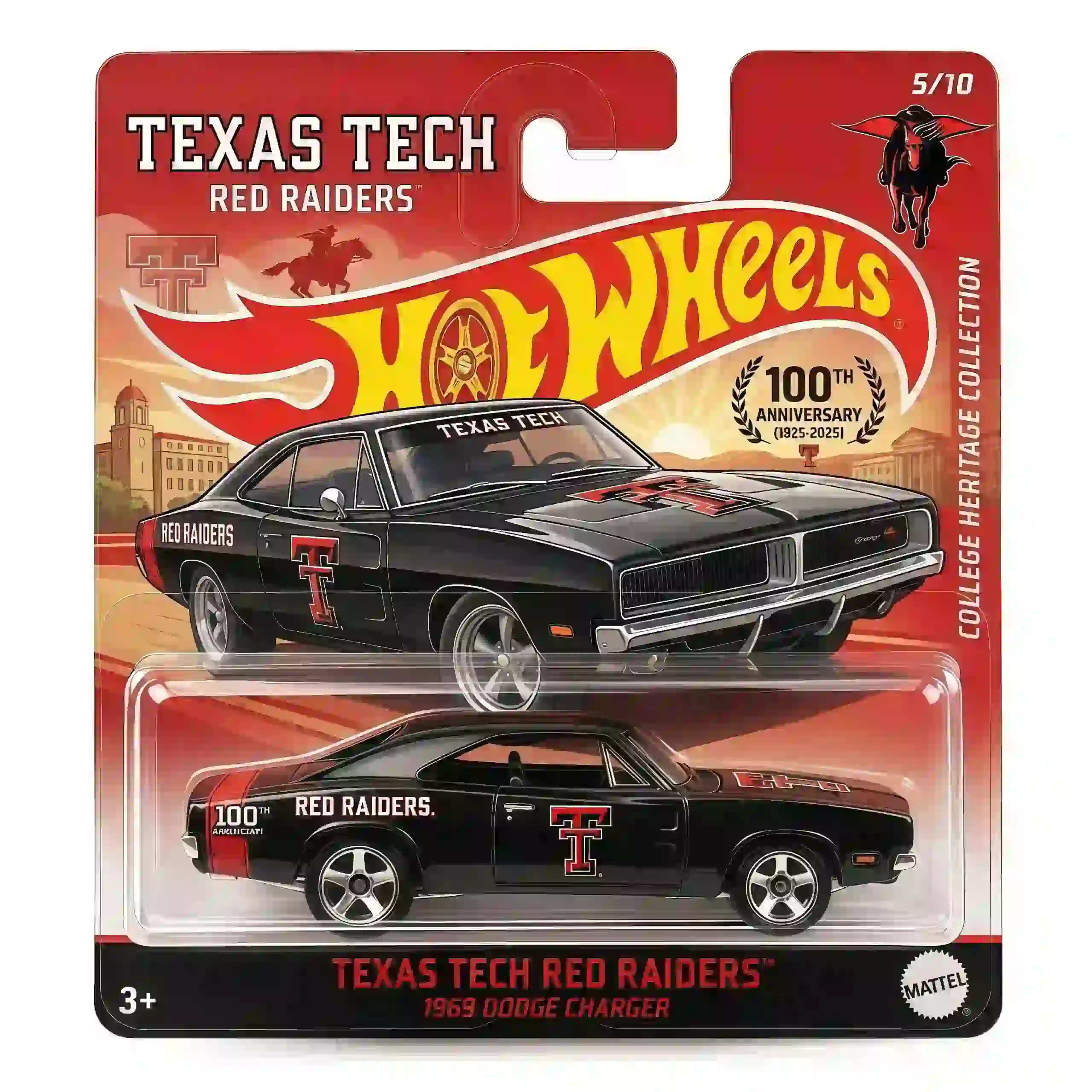 Black Hot Wheels Dodge Charger with Texas Tech Red Raiders branding in packaging