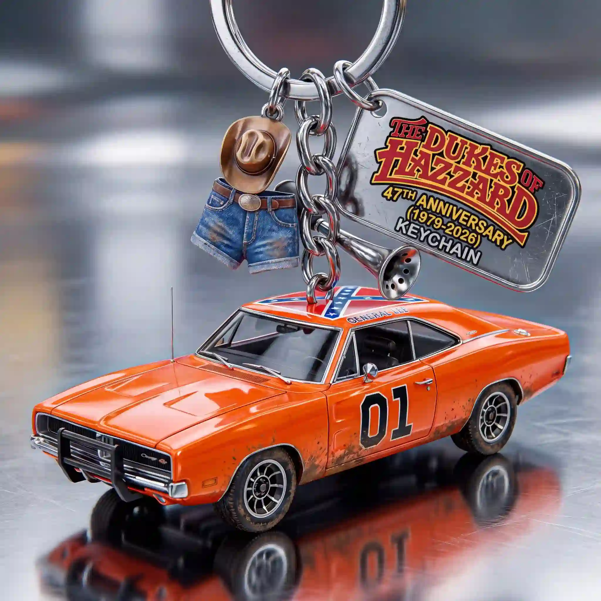 Close view of orange General Lee anniversary car keychain with vintage accessories!