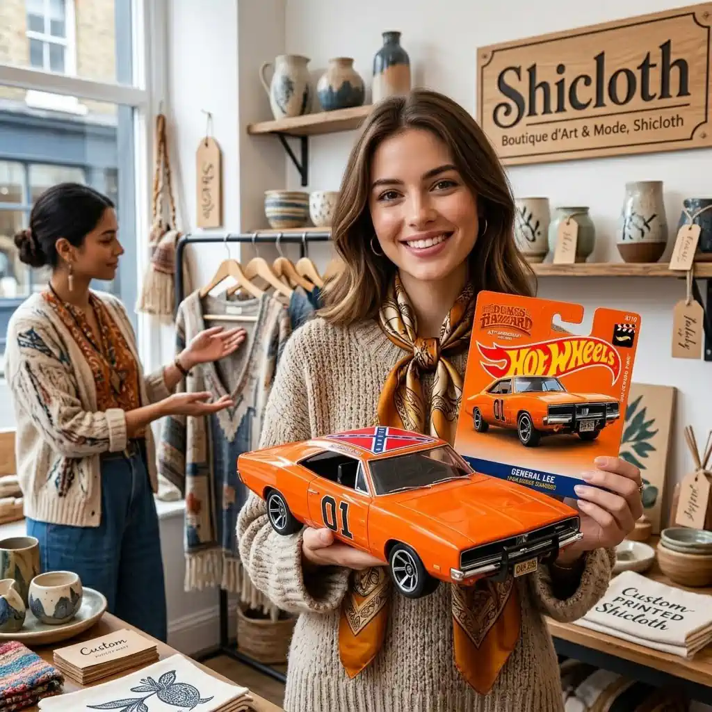 A smiling woman in a boutique shop holding a detailed orange General Lee toy car and its packaging! Another person is in the background!