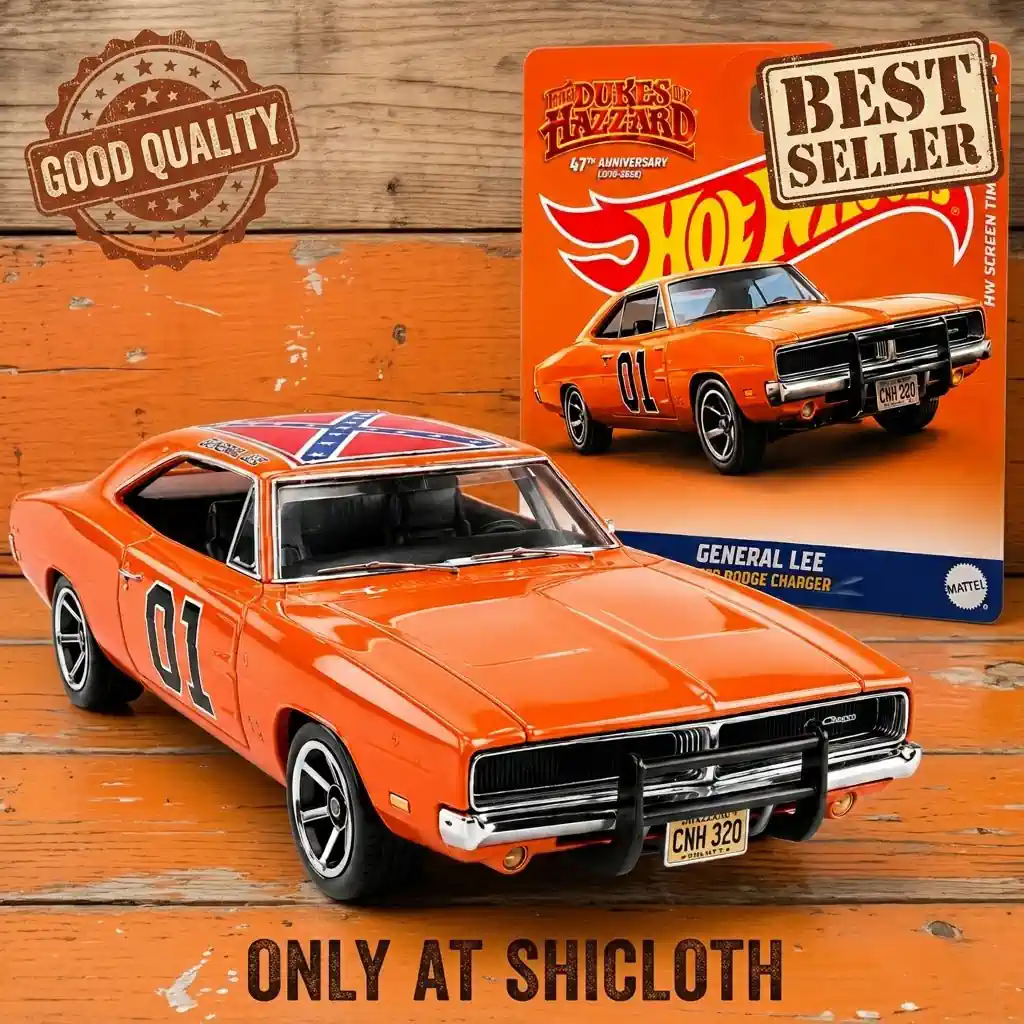 An orange General Lee diecast car sits in front of its carded packaging on a distressed wooden plank surface!