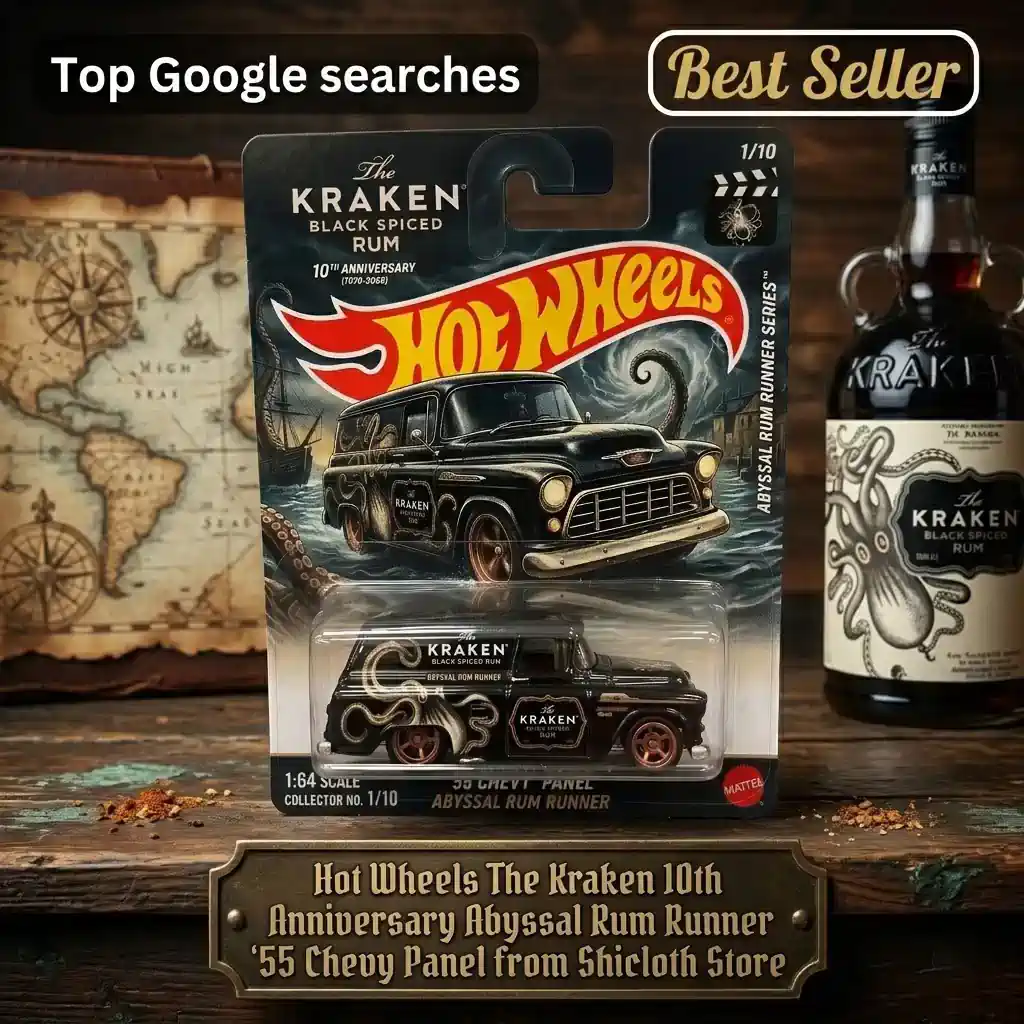 Dragon’s Hoard Coin & Key Tray 94 Hot Wheels The Kraken 10th Anniversary Abyssal Rum Runner 55 Chevy Panel in package with Kraken rum bottle in background