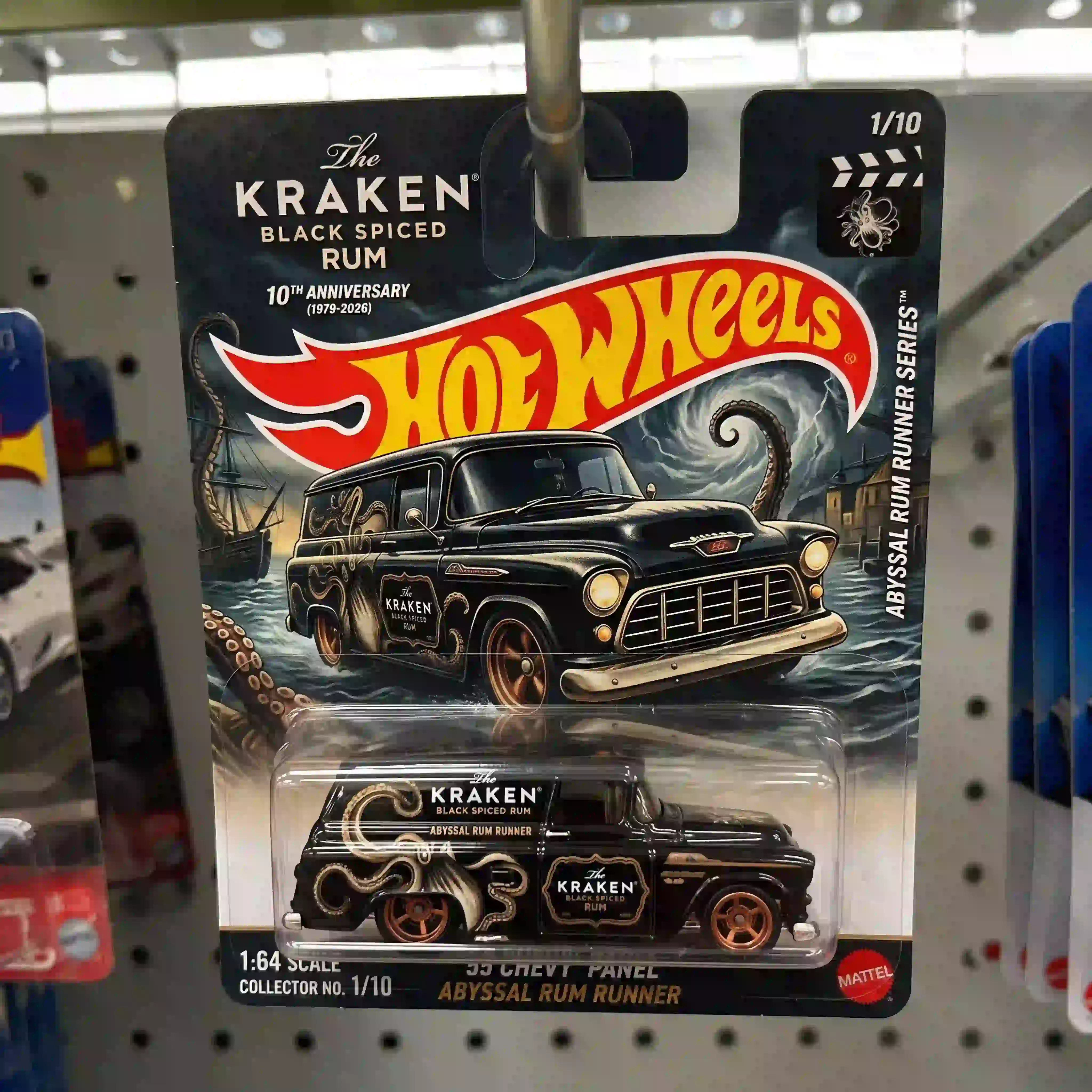 Hot Wheels The Kraken 10th Anniversary Abyssal Rum Runner 55 Chevy Panel hanging on store display rack