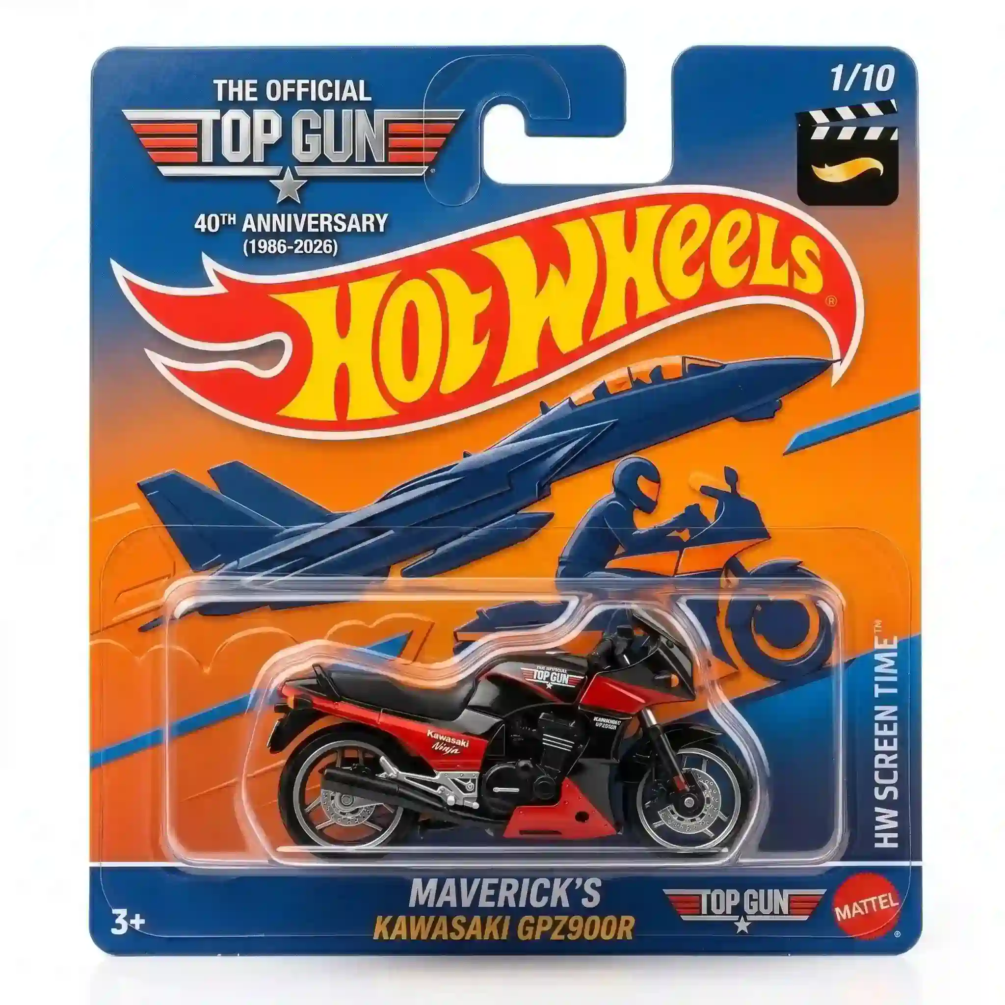 Close-up of Hot Wheels Top Gun Maverick Kawasaki GPZ900R packaging artwork