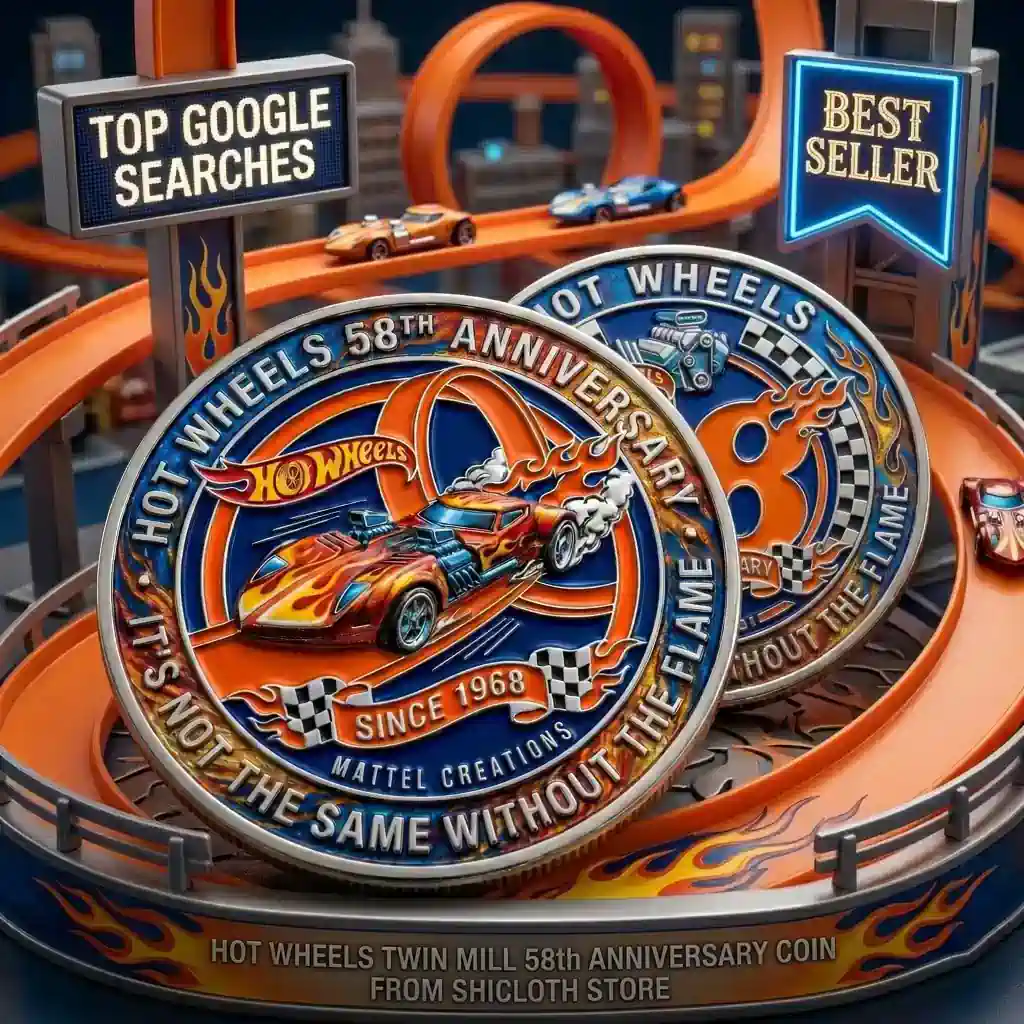 Hot Wheels 58th Anniversary Twin Mill commemorative coin displayed on an orange toy car track background.