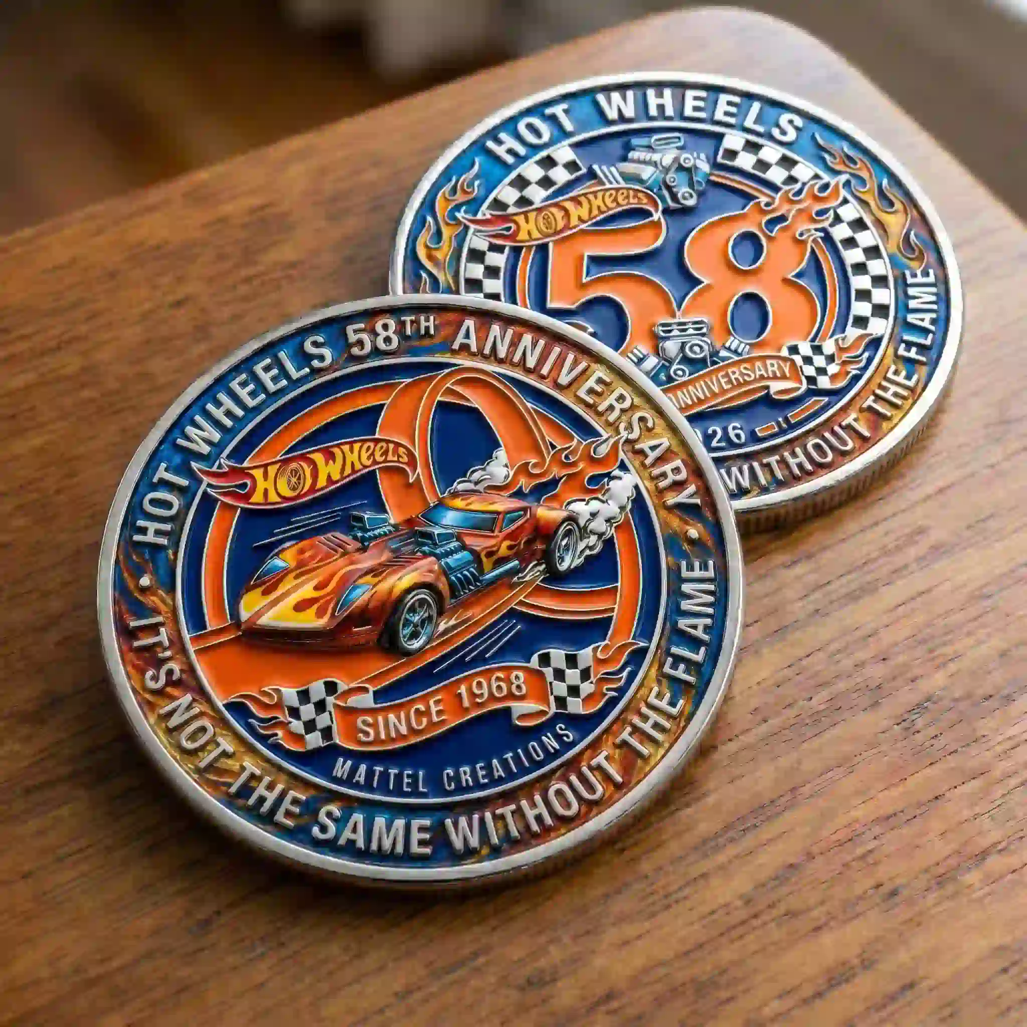 Front and back views of the Hot Wheels 58th Anniversary Twin Mill coin resting on a wooden surface.