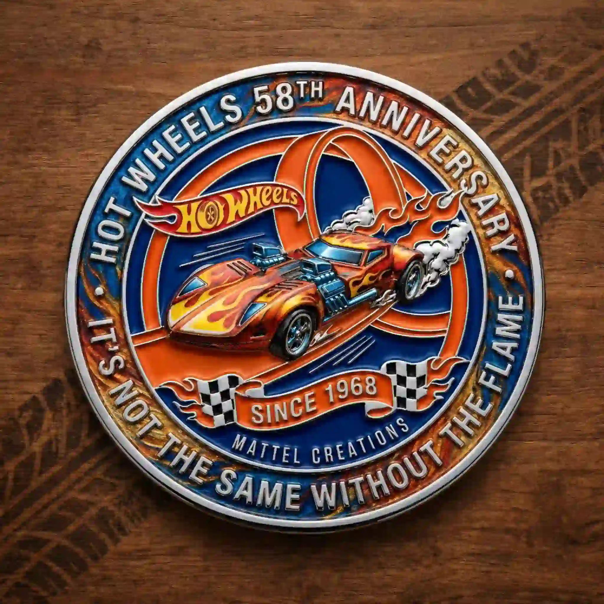 Hot Wheels Twin Mill 58th Anniversary Coin 3 Close up view of the front side of the Hot Wheels 58th Anniversary Twin Mill coin on wood.