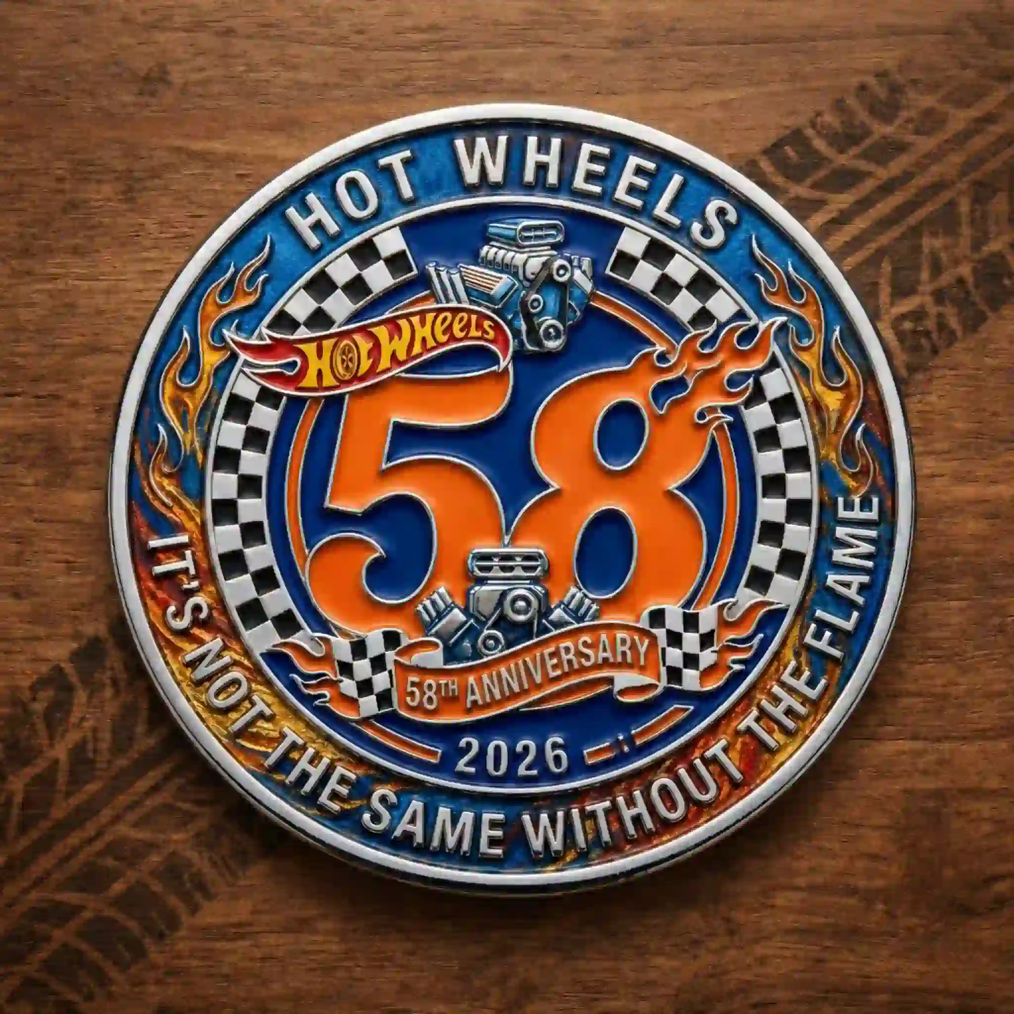 Hot Wheels Twin Mill 58th Anniversary Coin 4 Close up view of the back side of the Hot Wheels 58th Anniversary coin showing the number 58 on wood.