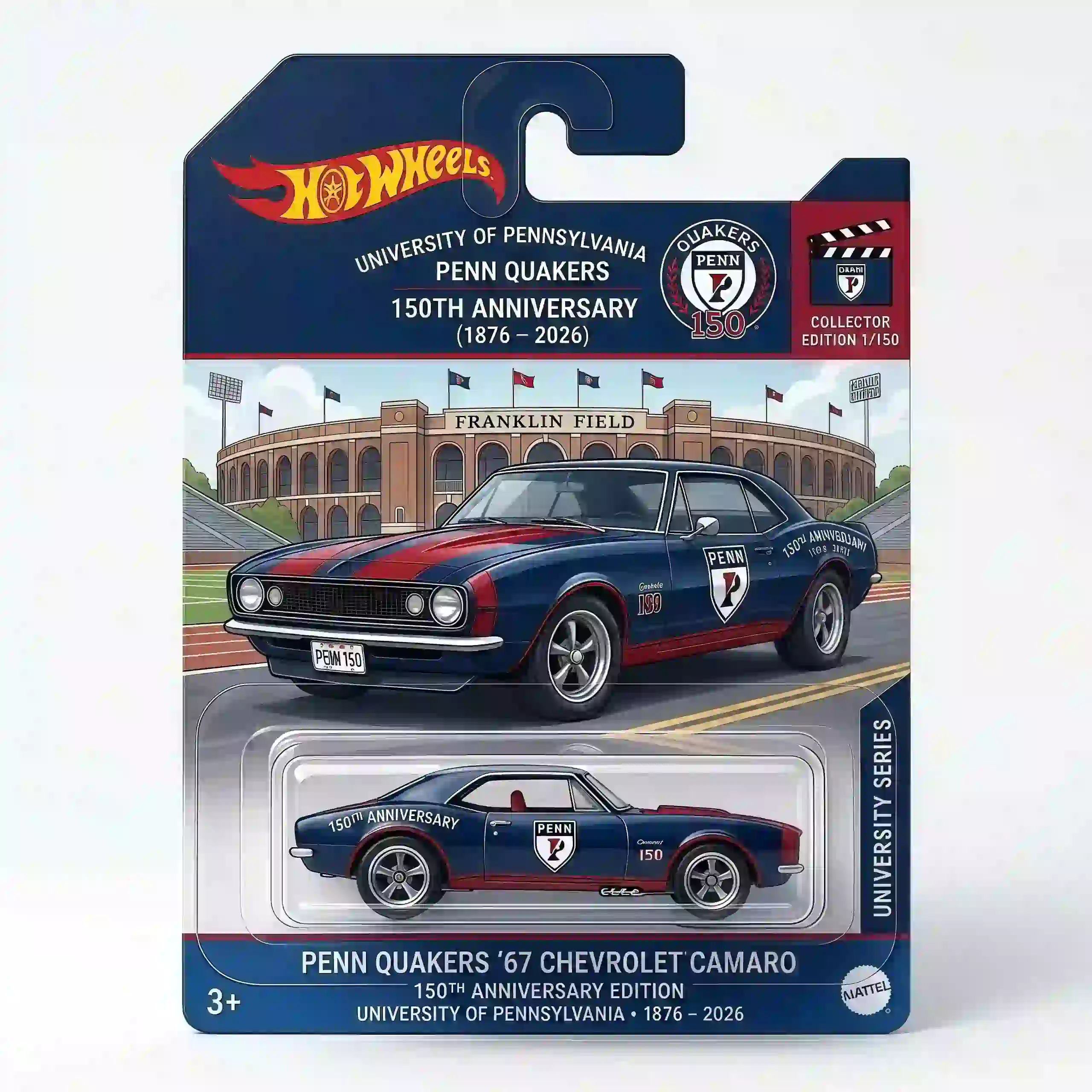 Close up of Hot Wheels Penn Quakers 150th Anniversary Camaro card art