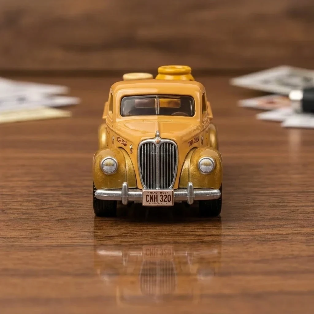 Front view of Hot Wheels Winnie the Pooh 100th Anniversary Honey Pot Pickup toy on a wooden table