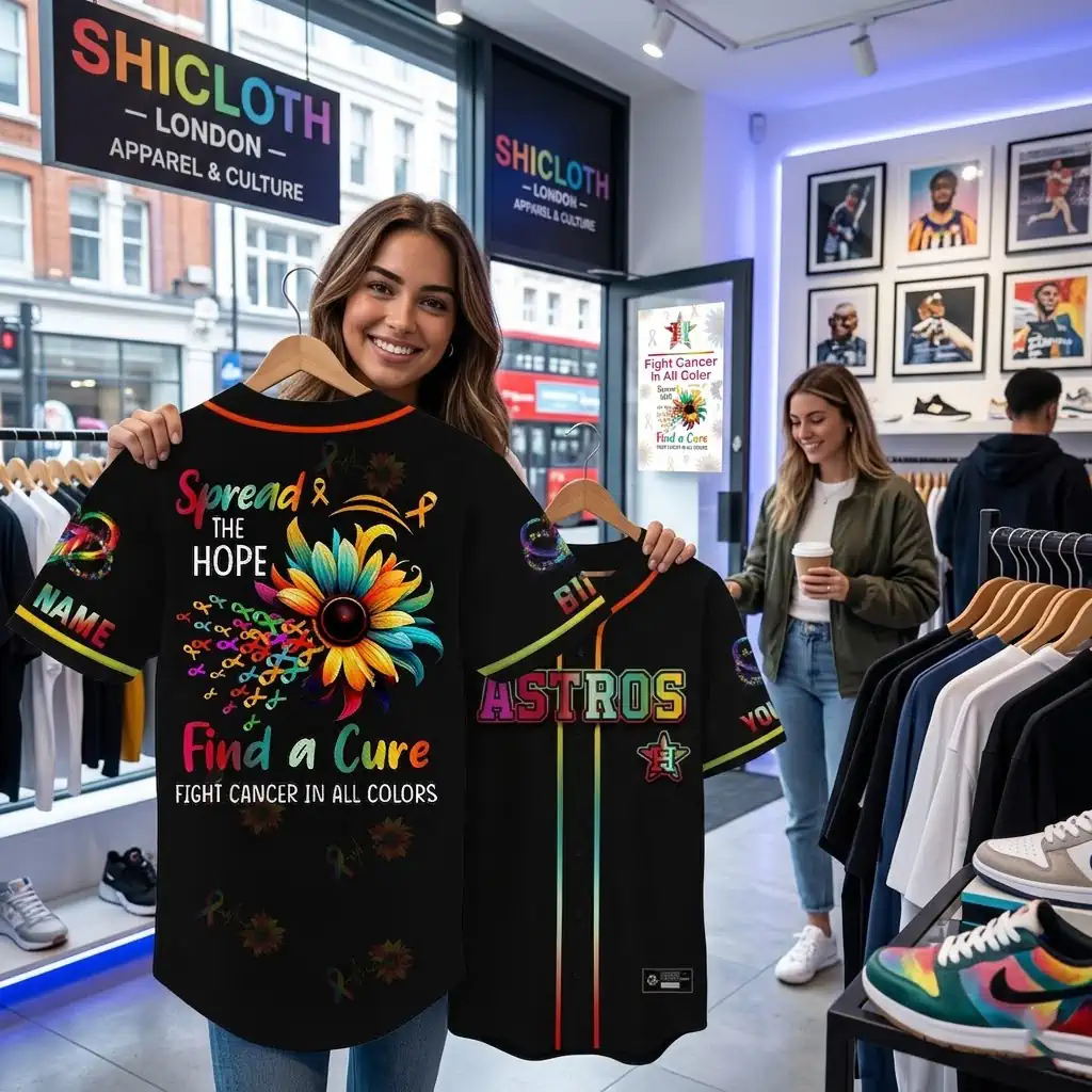 Woman displaying custom Astros cancer awareness baseball jerseys in a retail shop
