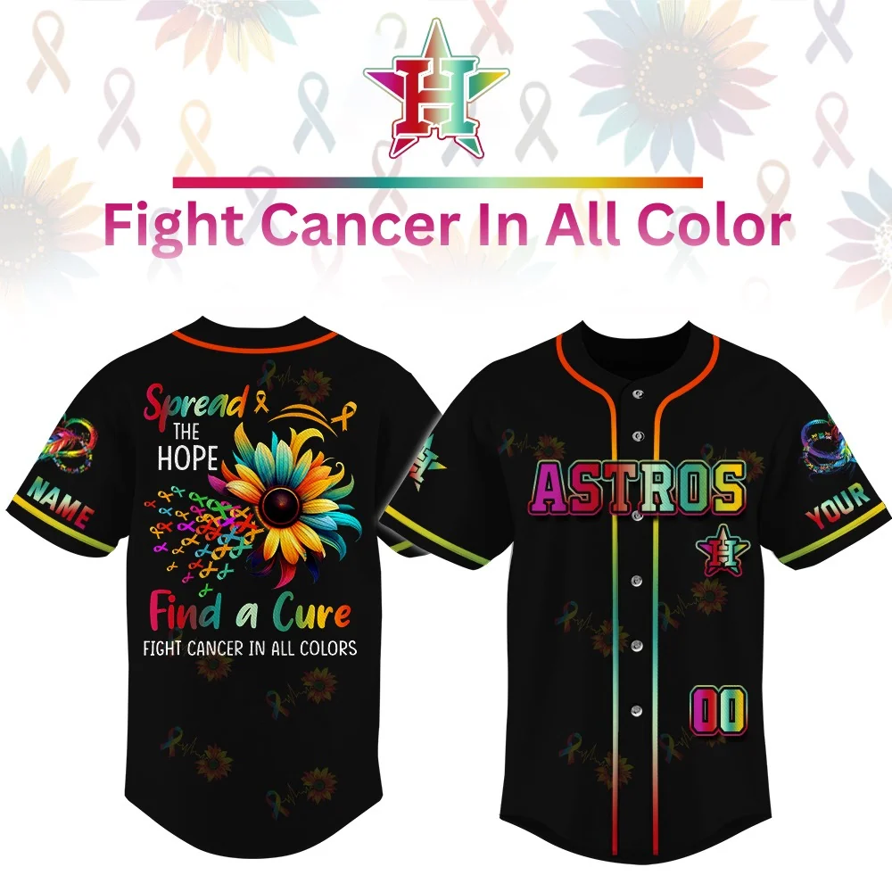 Custom Houston Astros baseball jersey with sunflower and cancer awareness ribbons design.