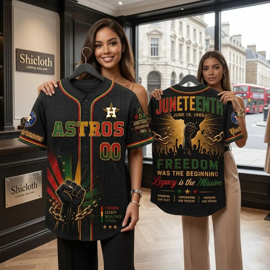 Two women holding Houston Astros Juneteenth Day 2026 jerseys showing front and back