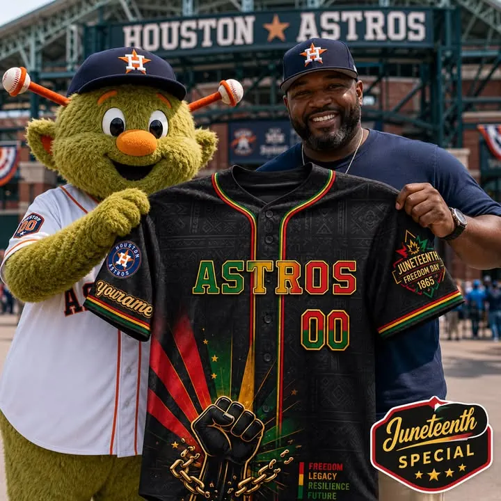 Person and Houston Astros mascot holding front of Juneteenth Day 2026 jersey