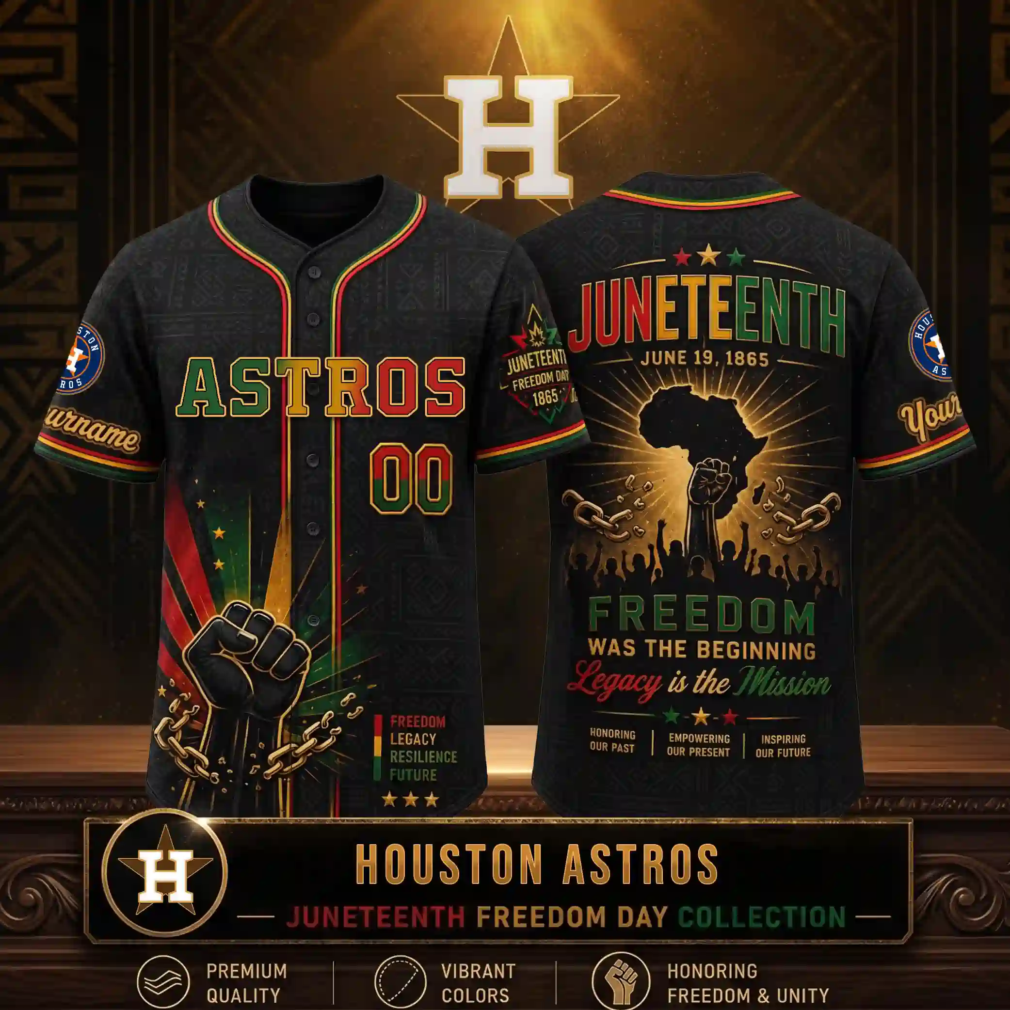 Houston Astros x Juneteenth Day Limited Edition 2026 Jersey 3 Close-up of Houston Astros Juneteenth Day 2026 jersey front and back