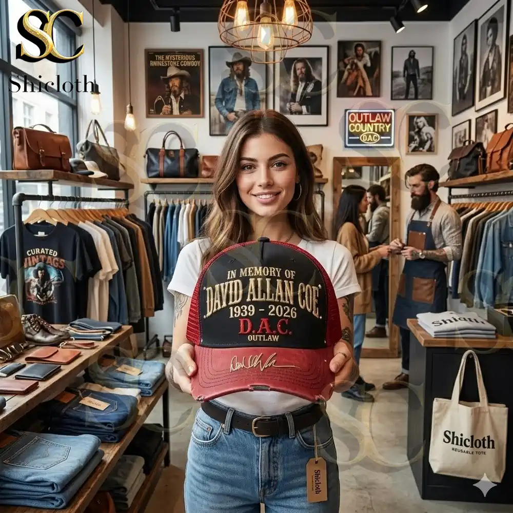 Woman holding a memorial cap in a clothing store