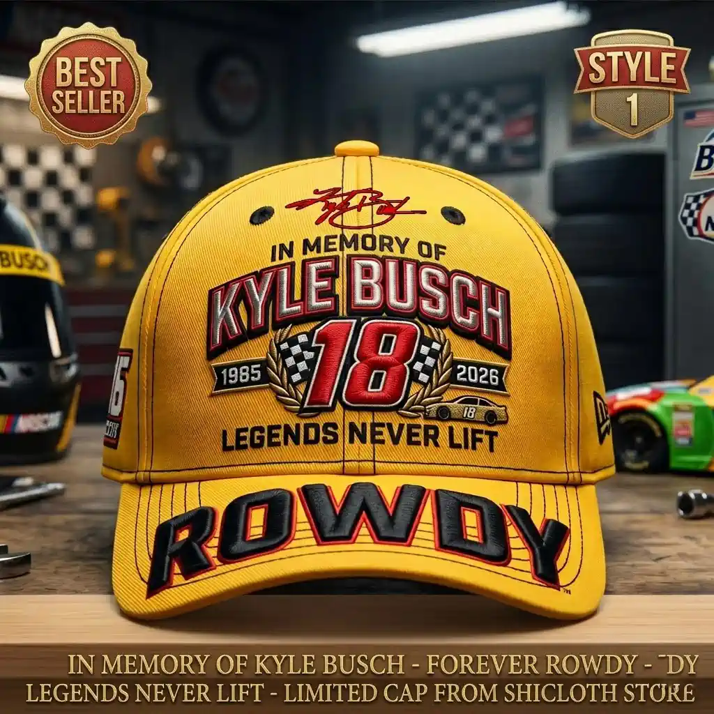 Alt text Yellow Kyle Busch memorial cap style 1 with number 18 and Rowdy text