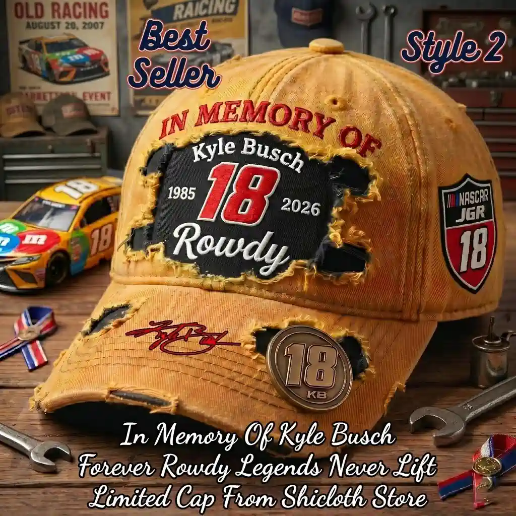 Alt text Yellow distressed Kyle Busch memorial cap style 2 with number 18 and Rowdy text