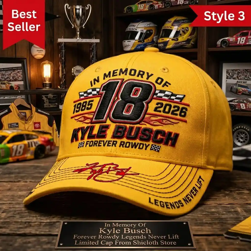 In Memory Of Kyle Busch Forever Rowdy Legends Never Lift Limited Cap 3 Alt text Yellow Kyle Busch memorial cap style 3 with number 18 and checkered details
