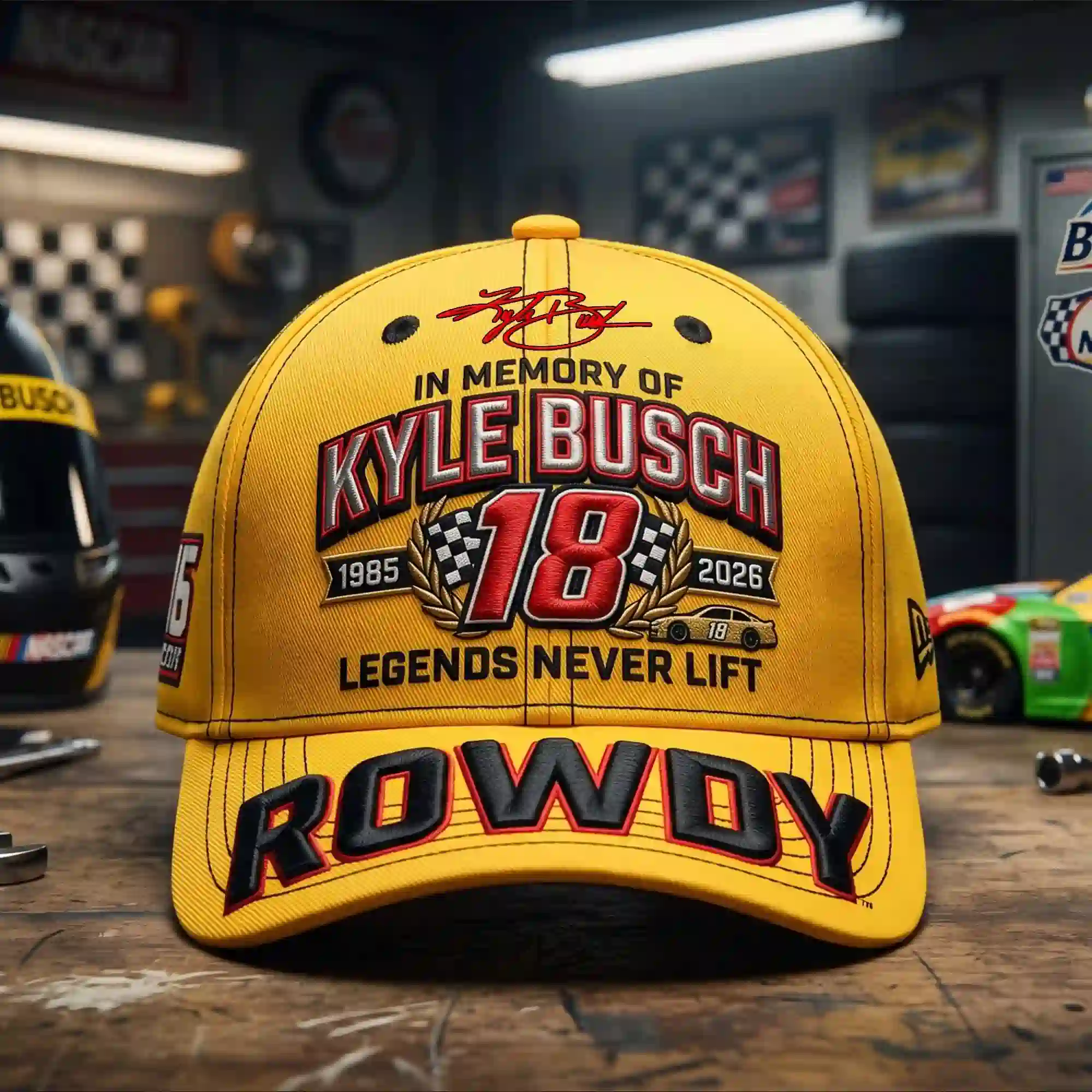 In Memory Of Kyle Busch Forever Rowdy Legends Never Lift Limited Cap 4 Alt text Close-up of yellow Kyle Busch memorial cap style 1 showing signature and top design