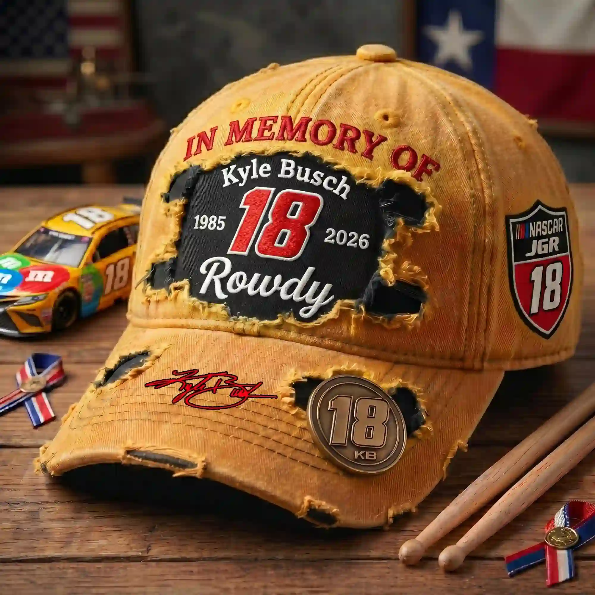 In Memory Of Kyle Busch Forever Rowdy Legends Never Lift Limited Cap 5 Alt text Close-up of distressed yellow Kyle Busch memorial cap style 2 showing patched design