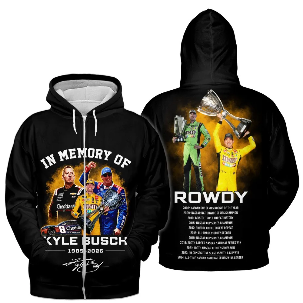 In Memory Of Kyle Busch Forever Rowdy Legends Never Lift Limited Hoodie 4 Black zip up hoodie with Kyle Busch images front and back
