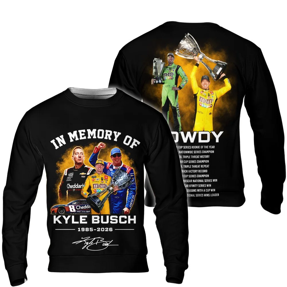 In Memory Of Kyle Busch Forever Rowdy Legends Never Lift Limited Hoodie 5 Black crewneck hoodie showing Kyle Busch images and Rowdy achievements