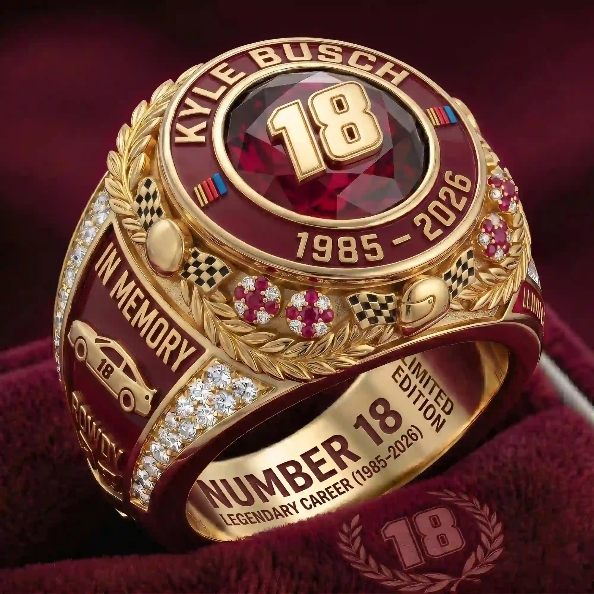 Angle view of Kyle Busch memorial limited edition ring showing inscriptions and gold details