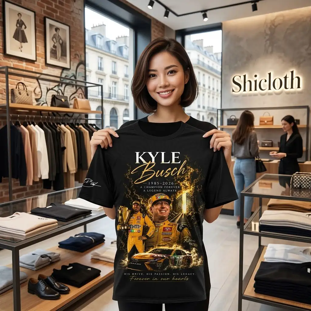 Woman holding Kyle Busch memorial shirt in a clothing store