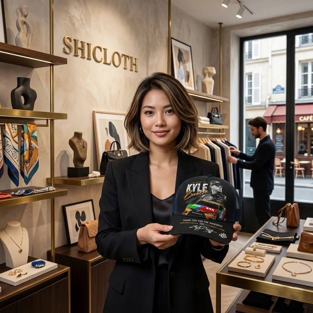 A woman holding a Kyle Busch NASCAR commemorative cap inside a boutique.