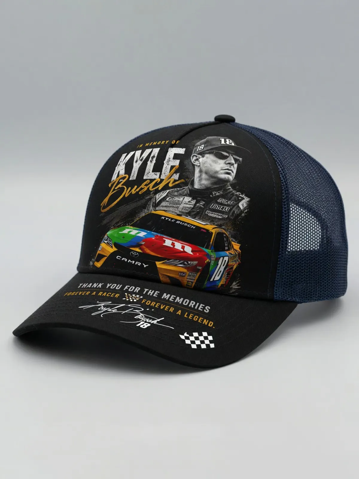 Kyle Busch commemorative NASCAR trucker hat with driver portrait and race car graphics.