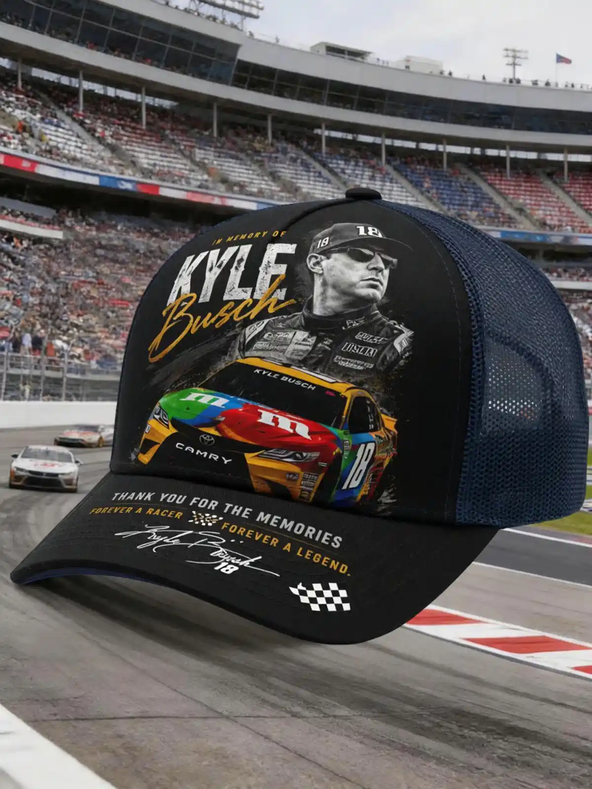 In Memory Of Kyle Busch Thank You For The Memories Forever A Racer, Forever A Legend Tribure Cap 3 Kyle Busch commemorative NASCAR trucker hat with racing graphics