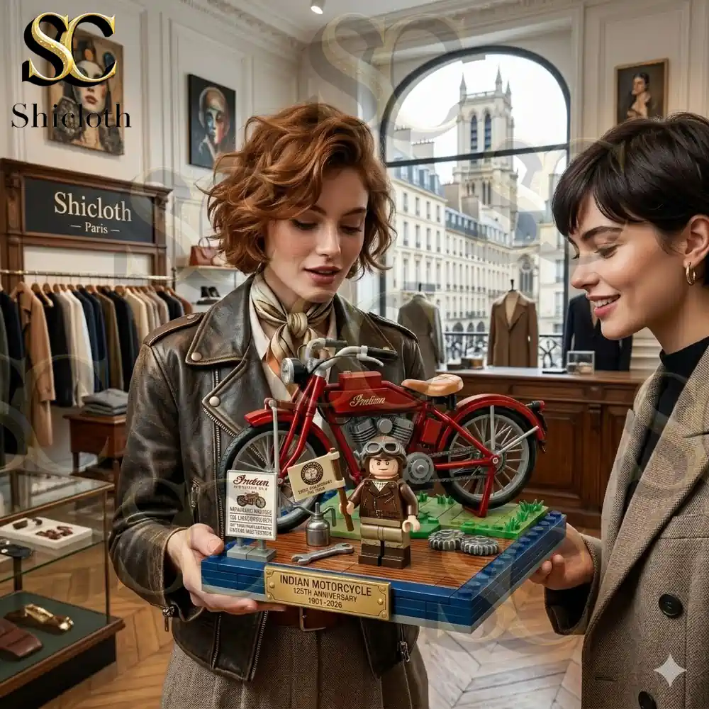 Two women holding Indian Motorcycle brick model in fashion store!