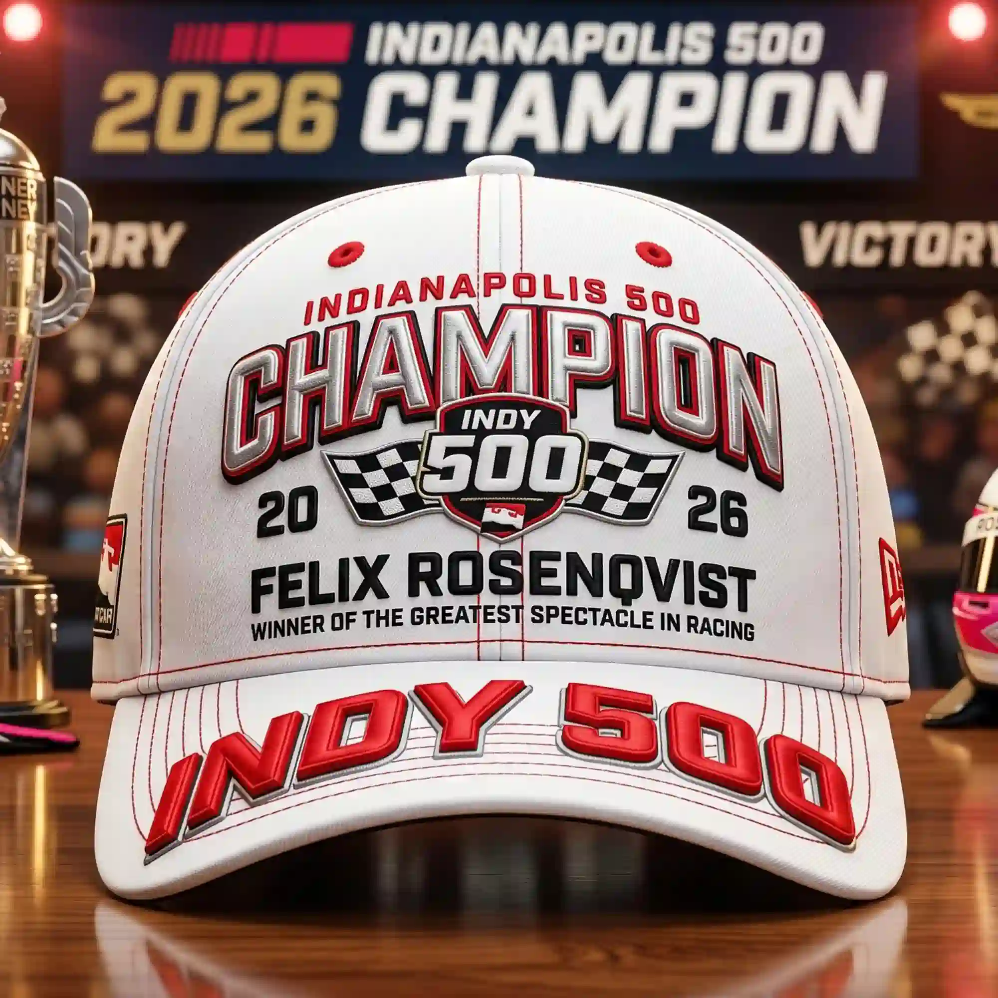 Indianapolis 500 Champion Felix Rosenqvist Winner Indy 500 Limited Cap 4 White Indianapolis 500 2026 Champion cap for Felix Rosenqvist