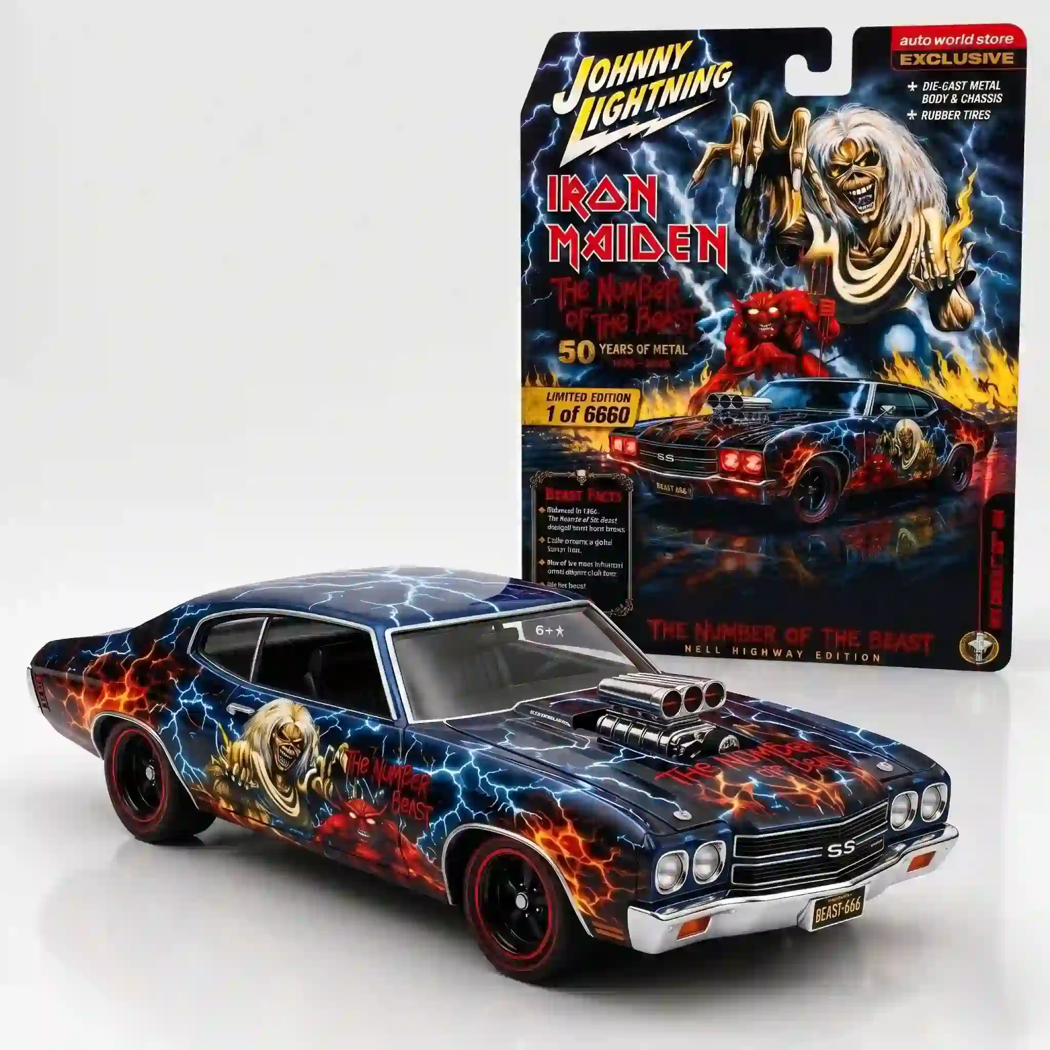Close up of Iron Maiden The Number of the Beast collector car packaging