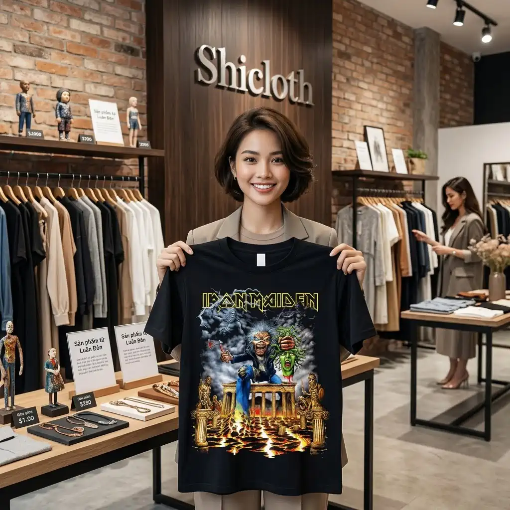 Woman holding an Iron Maiden band graphic t-shirt in a boutique