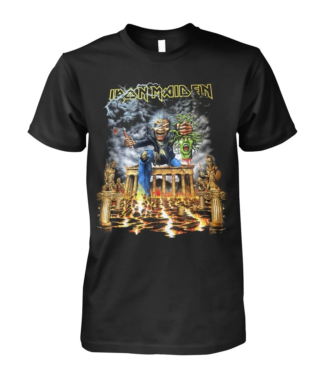 Black Iron Maiden graphic t-shirt featuring Eddie holding a severed Medusa head