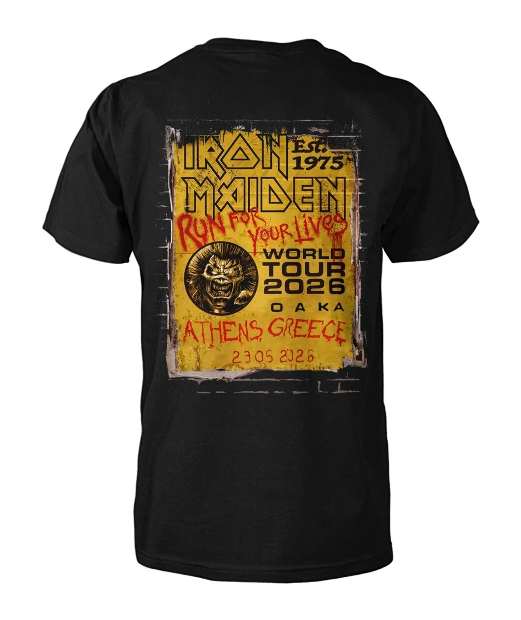 Iron Maiden Run For Your Lives 2026 Athens Tour Shirt 3 Black Iron Maiden concert tour t-shirt featuring 2026 Athens, Greece graphic